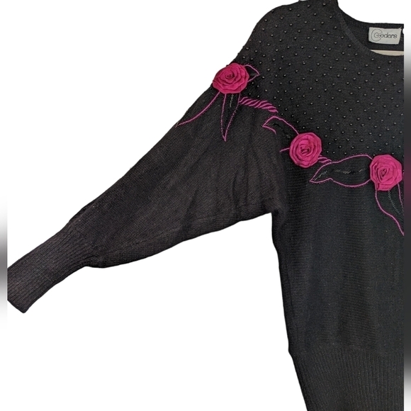 Vintage 80s Silk Angora Floral Beaded Sweater Black Pink Roses Whimsigoth Size M - Picture 8 of 11